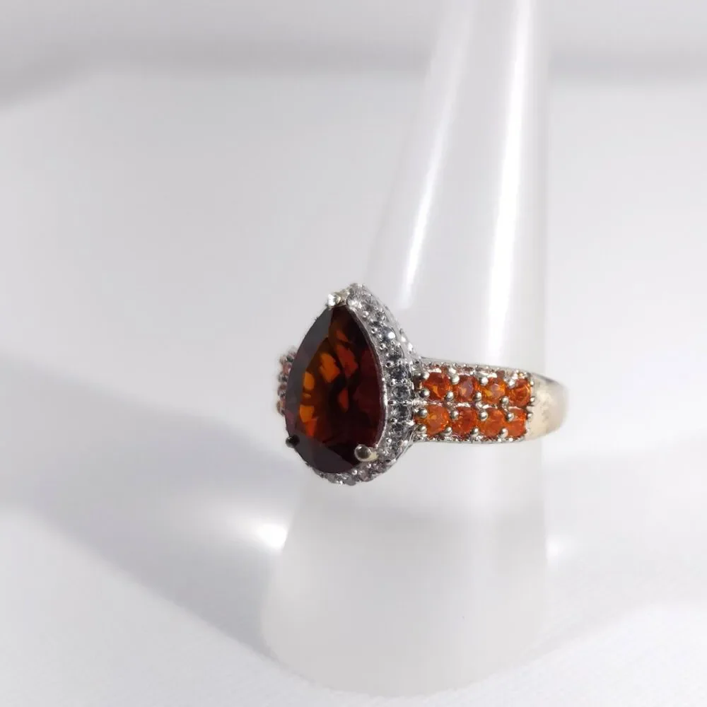 Brazilian Red Citrine Pear and Fire Opal Ring Size 8